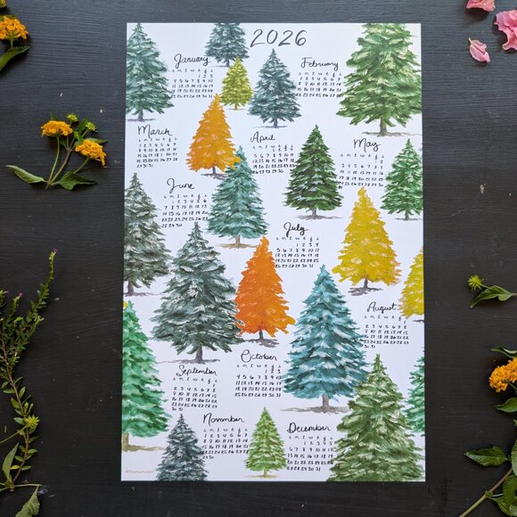 Forest Watercolor Calendar 2026: Retro Pine Tree Art Print 17.5x10.5 - Picture 1 of 6